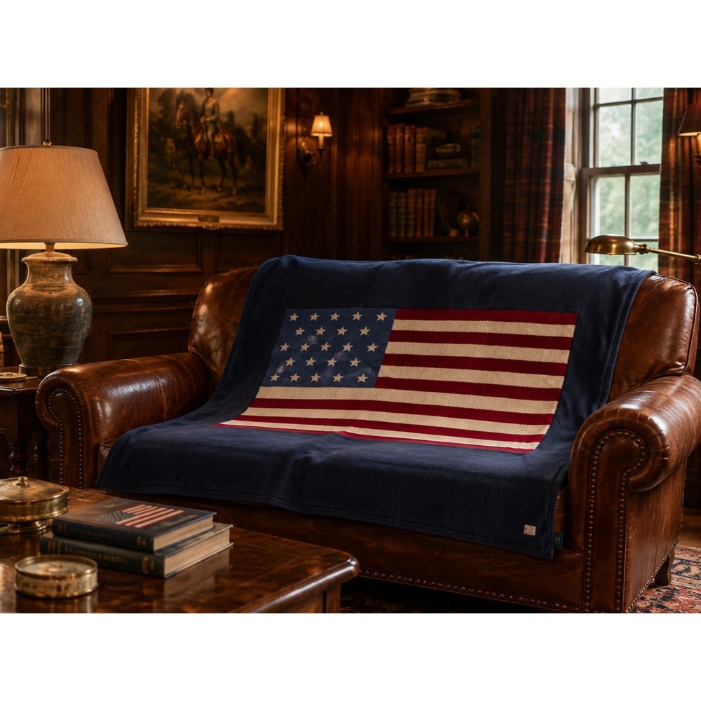 Lauren Ralph Lauren American Flag Blanket 66x70 Plush Fleece Navy Americana USA